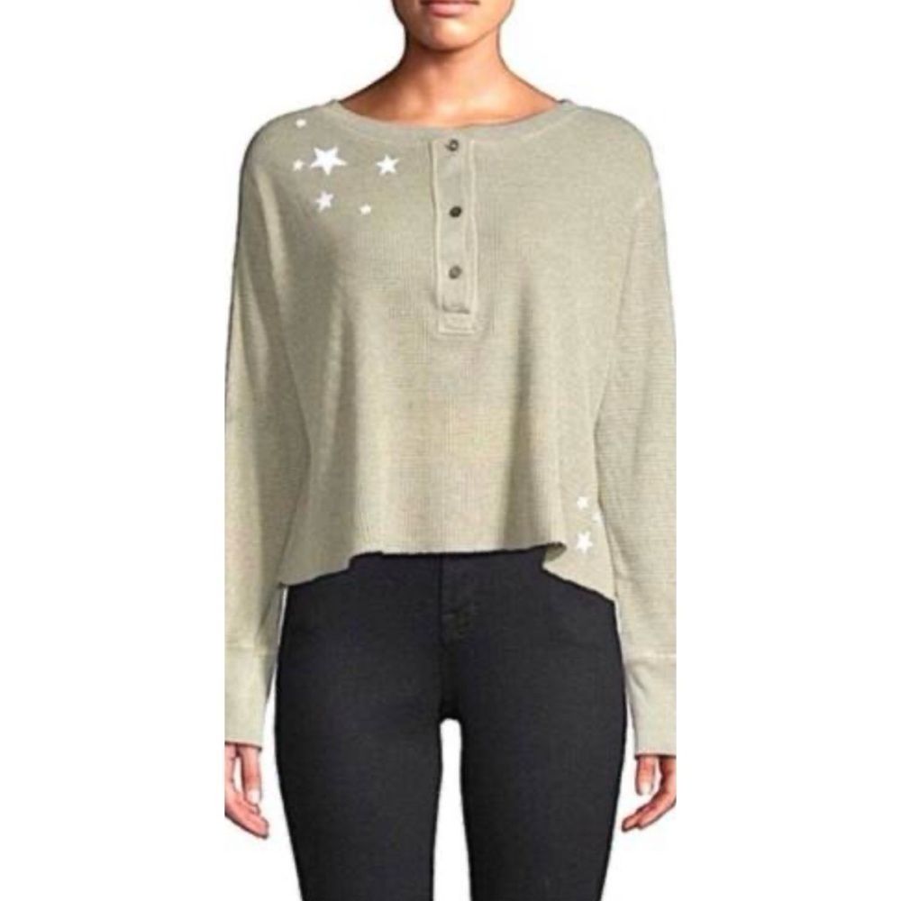Monrow Top Oversized Crop Henley Thermal Shirt Star Embroidered Long Sleeve S